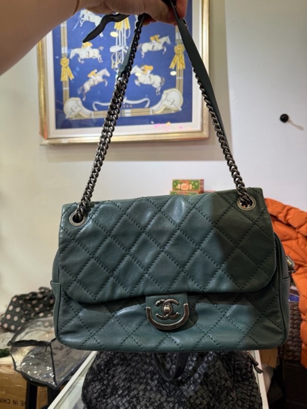 CHANEL Quilted Shoulder Bag in Teal Green with Silver-Tone Chain